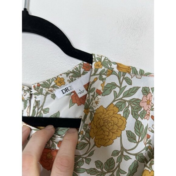 DR2 White Yellow Floral Top Tunic Light Weight Short Sleeve Blouse Size Large - Picture 3 of 10